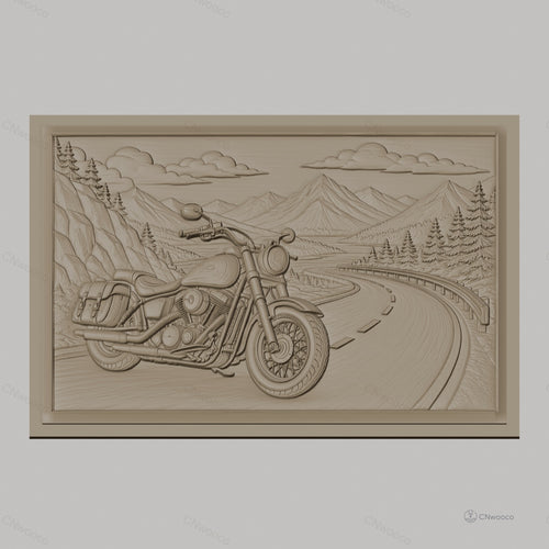 Fichier CNC & impression 3D moto vintage sur route de montagne, paysage naturel et pins, haute qualité relief STL
