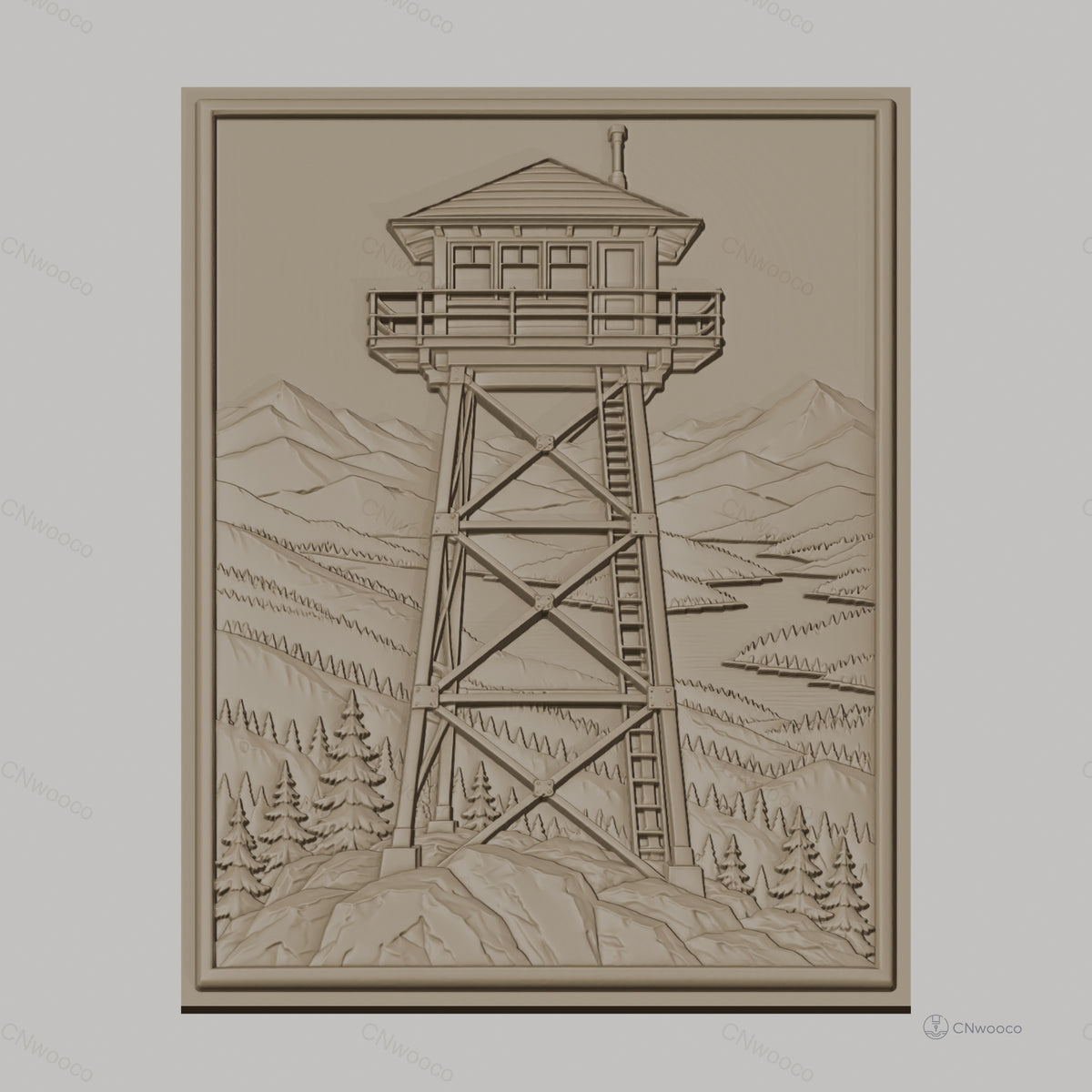 Fichier CNC & impression 3D tour de guet en bois, paysage montagne forêt arbre, haute qualité relief STL