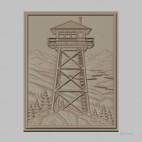 Fichier CNC & impression 3D tour de guet en bois, paysage montagne forêt arbre, haute qualité relief STL