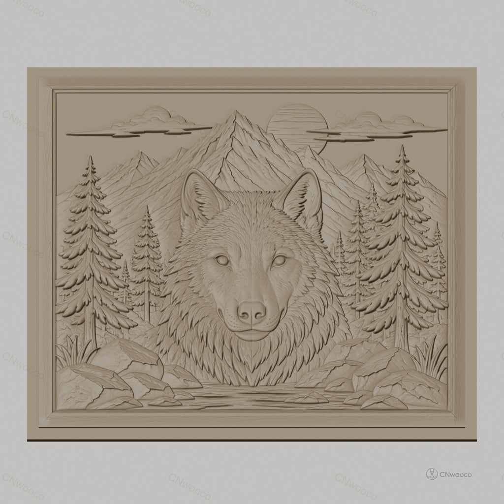 Fichier CNC & impression 3D loup montagne forêt rochers haute qualité relief STL