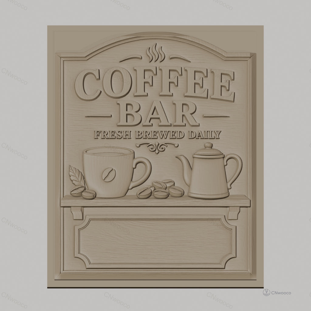 Fichier CNC & impression 3D Coffee Bar avec tasse, cafetière et grains de café, haute qualité relief STL