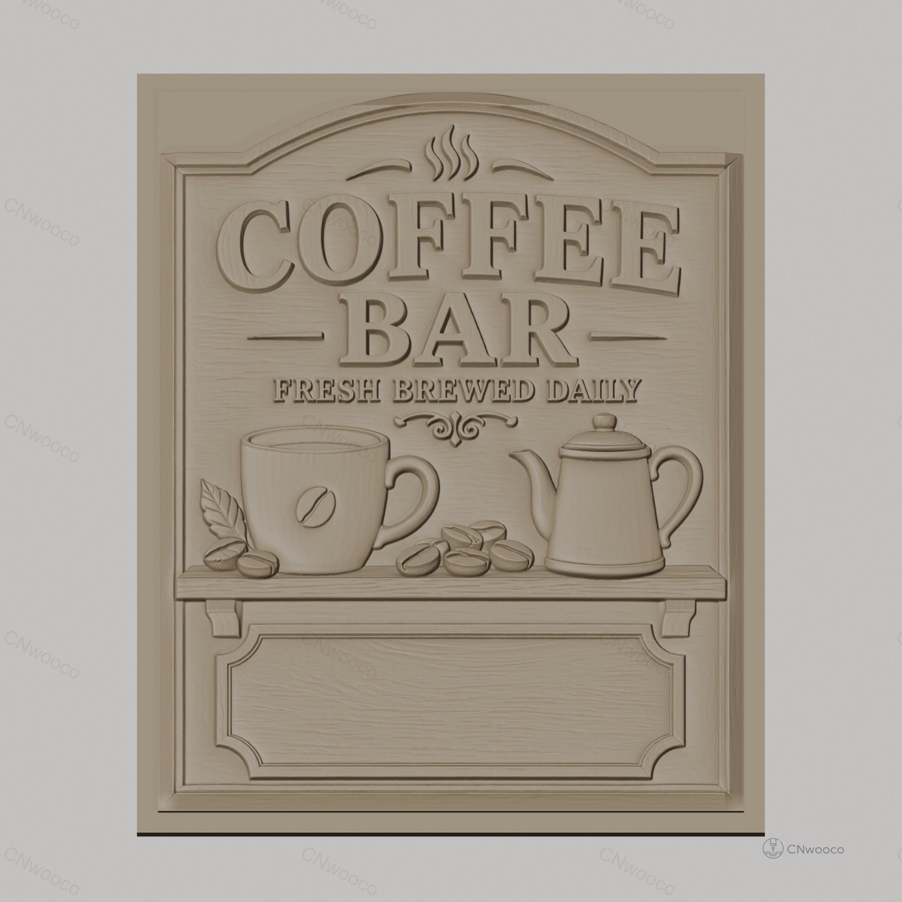 Fichier CNC & impression 3D Coffee Bar avec tasse, cafetière et grains de café, haute qualité relief STL
