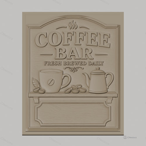 Fichier CNC & impression 3D Coffee Bar avec tasse, cafetière et grains de café, haute qualité relief STL