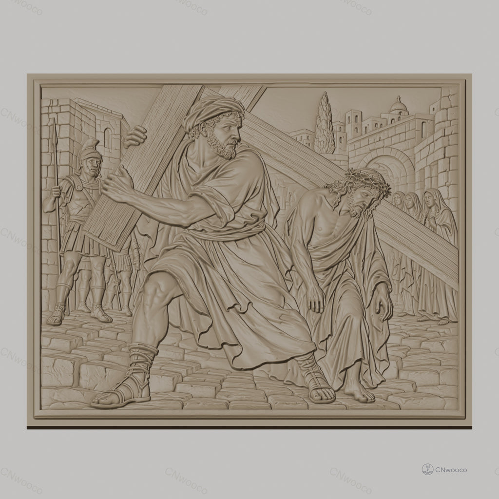 Fichier CNC & impression 3D scène religieuse, Jésus portant la croix avec Simon de Cyrène, haute qualité relief STL