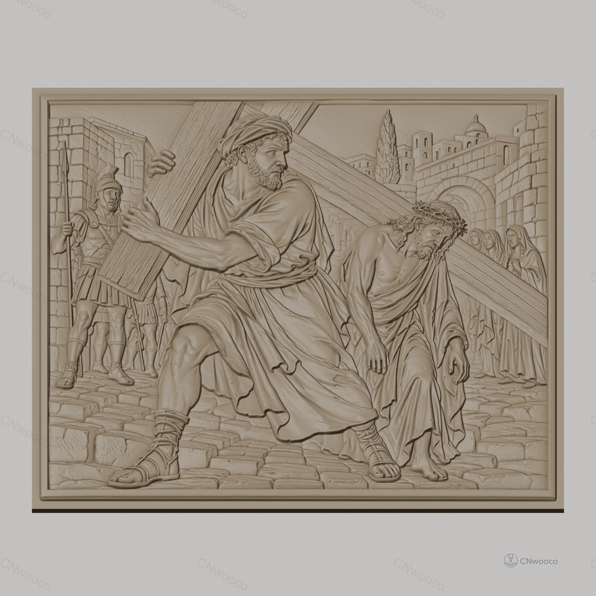 Fichier CNC & impression 3D scène religieuse, Jésus portant la croix avec Simon de Cyrène, haute qualité relief STL