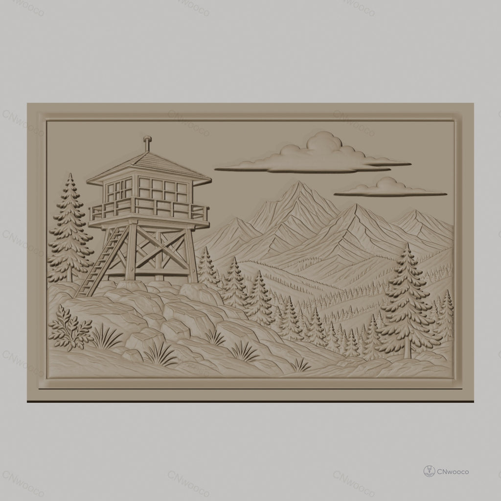 Fichier CNC & impression 3D paysage montagne avec tour de guet et forêt, haute qualité relief STL