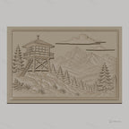 Fichier CNC & impression 3D paysage montagne avec tour de guet et forêt, haute qualité relief STL