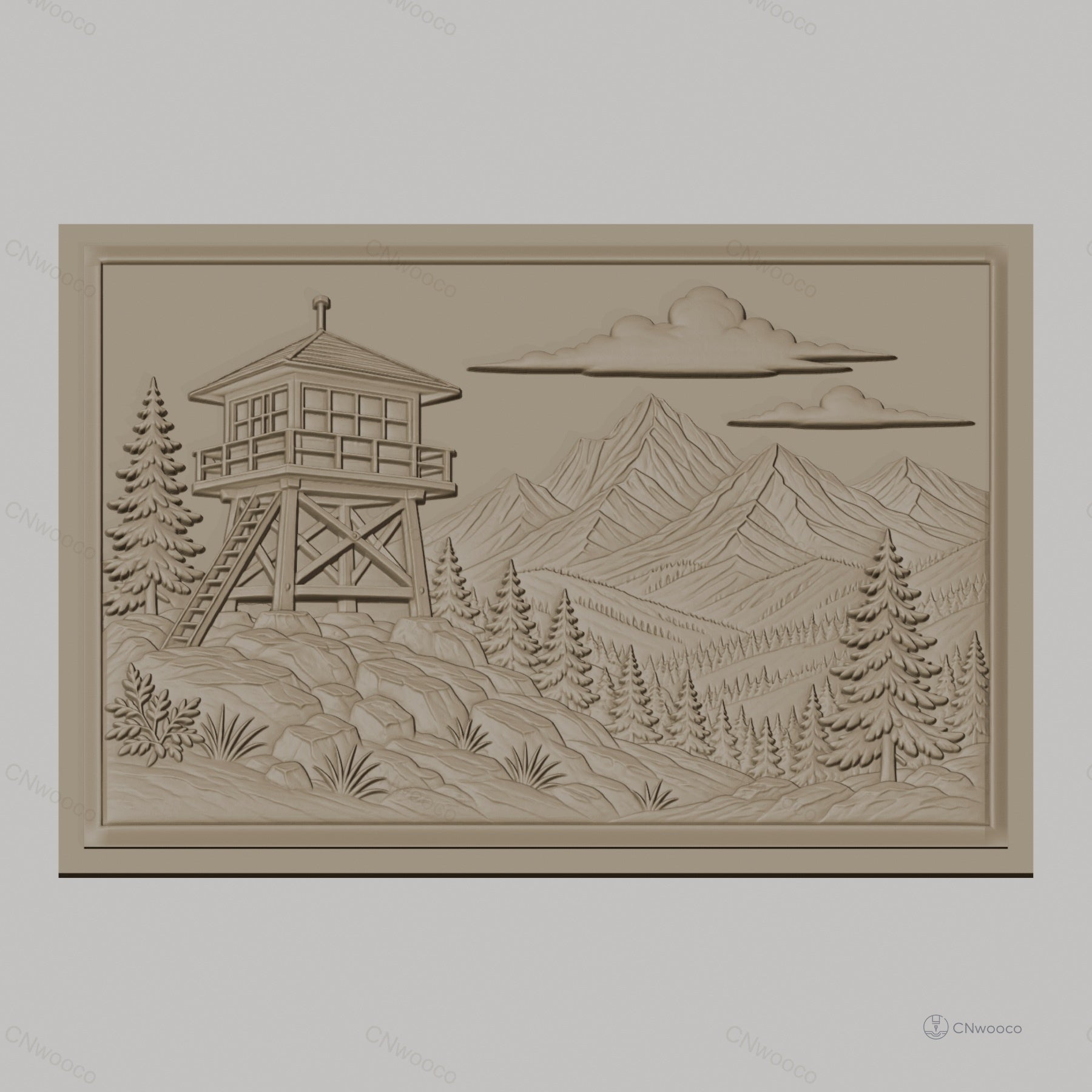 Fichier CNC & impression 3D paysage montagne avec tour de guet et forêt, haute qualité relief STL
