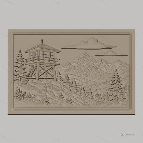 Fichier CNC & impression 3D paysage montagne avec tour de guet et forêt, haute qualité relief STL