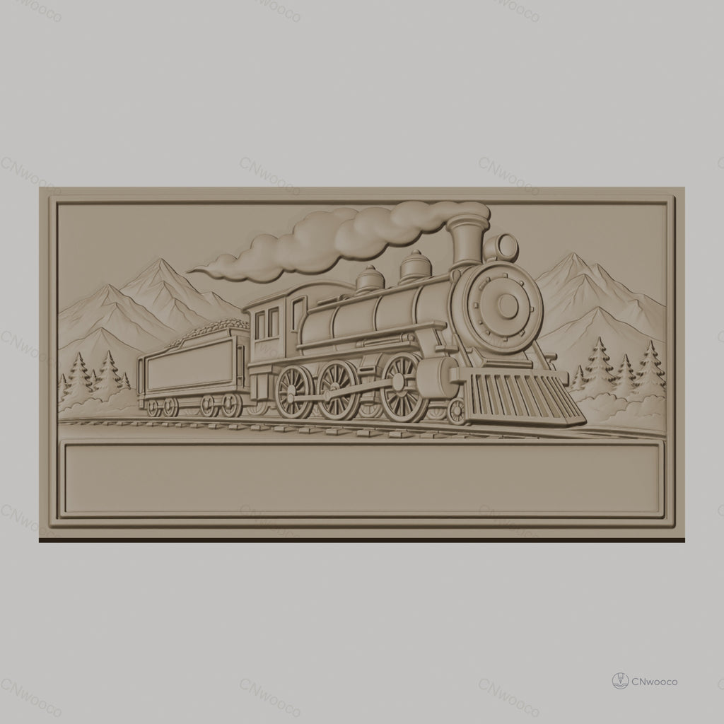 Fichier CNC & impression 3D locomotive à vapeur, train historique sur rails avec paysage montagnard, haute qualité relief STL