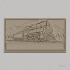 Fichier CNC & impression 3D locomotive à vapeur, train historique sur rails avec paysage montagnard, haute qualité relief STL