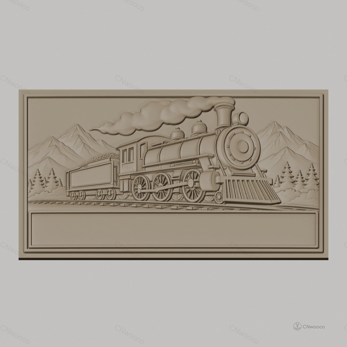Fichier CNC & impression 3D locomotive à vapeur, train historique sur rails avec paysage montagnard, haute qualité relief STL