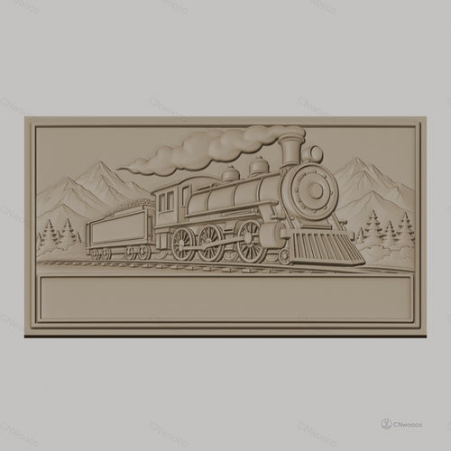 Fichier CNC & impression 3D locomotive à vapeur, train historique sur rails avec paysage montagnard, haute qualité relief STL