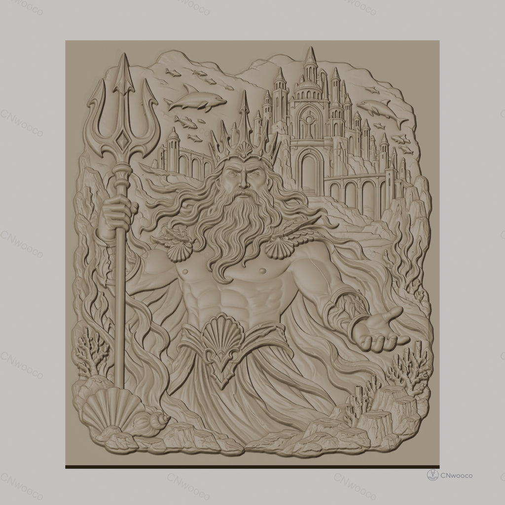 Fichier CNC & impression 3D Poseidon dieu de la mer, trident, dauphins, château sous-marin, haute qualité relief STL