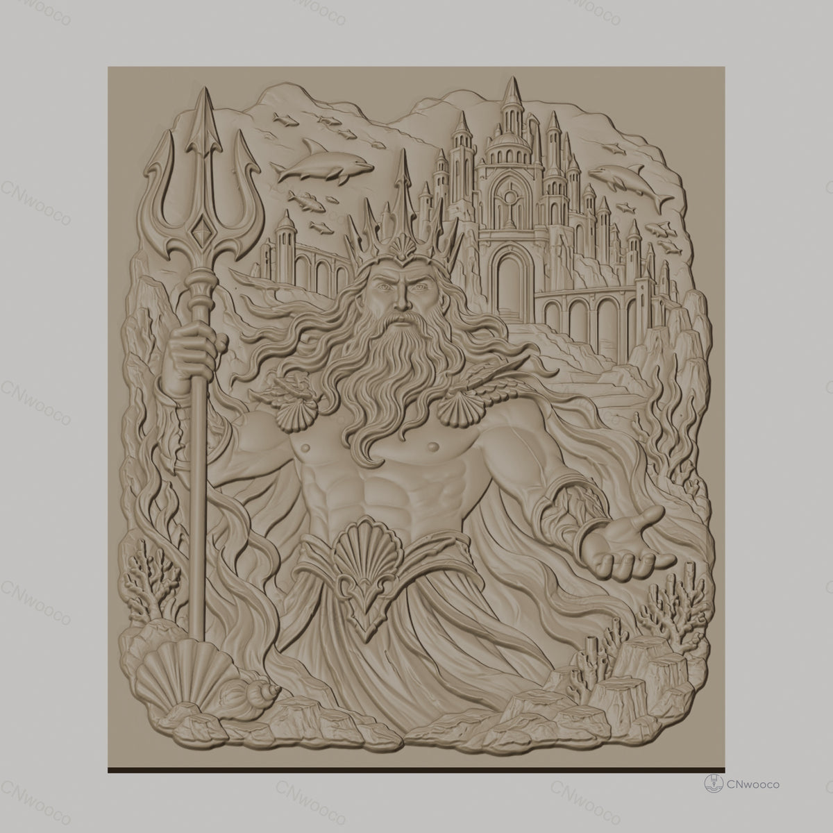 Fichier CNC & impression 3D Poseidon dieu de la mer, trident, dauphins, château sous-marin, haute qualité relief STL