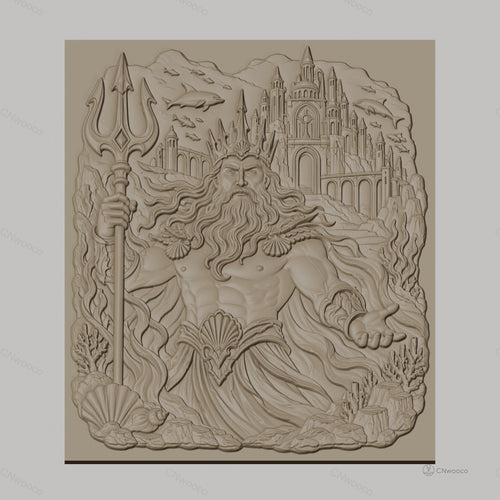 Fichier CNC & impression 3D Poseidon dieu de la mer, trident, dauphins, château sous-marin, haute qualité relief STL