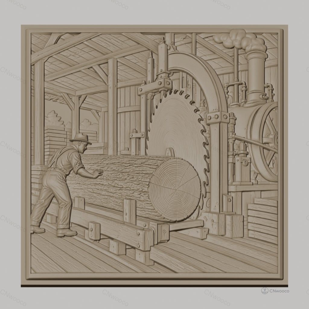 Fichier CNC & impression 3D scierie ancienne, ouvrier et machine à sciage, haute qualité relief STL