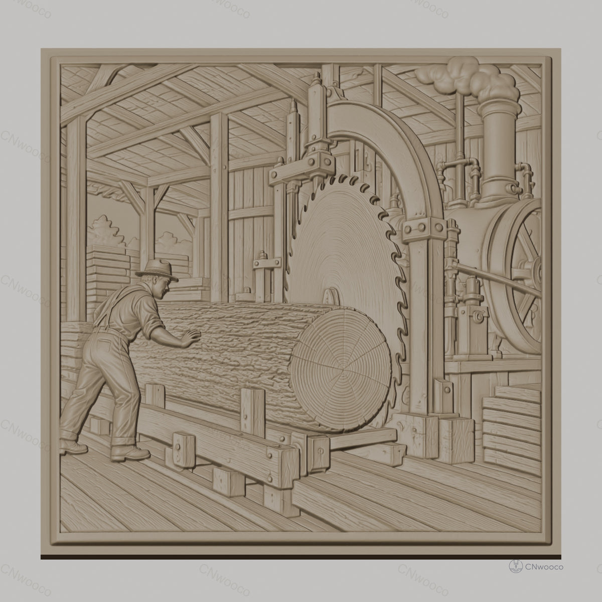 Fichier CNC & impression 3D scierie ancienne, ouvrier et machine à sciage, haute qualité relief STL
