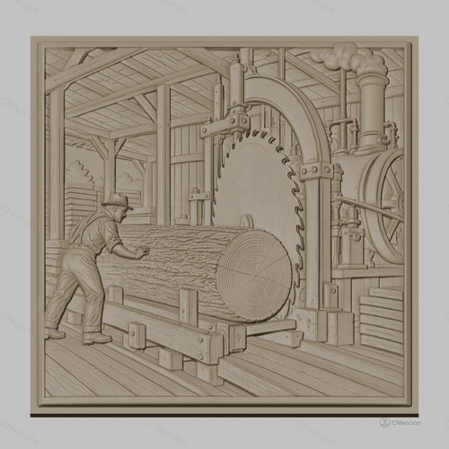 Fichier CNC & impression 3D scierie ancienne, ouvrier et machine à sciage, haute qualité relief STL