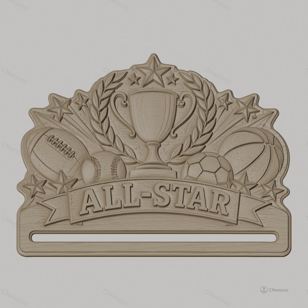 Fichier CNC & impression 3D support médaille sport avec trophée et ballons, STL très haute qualité