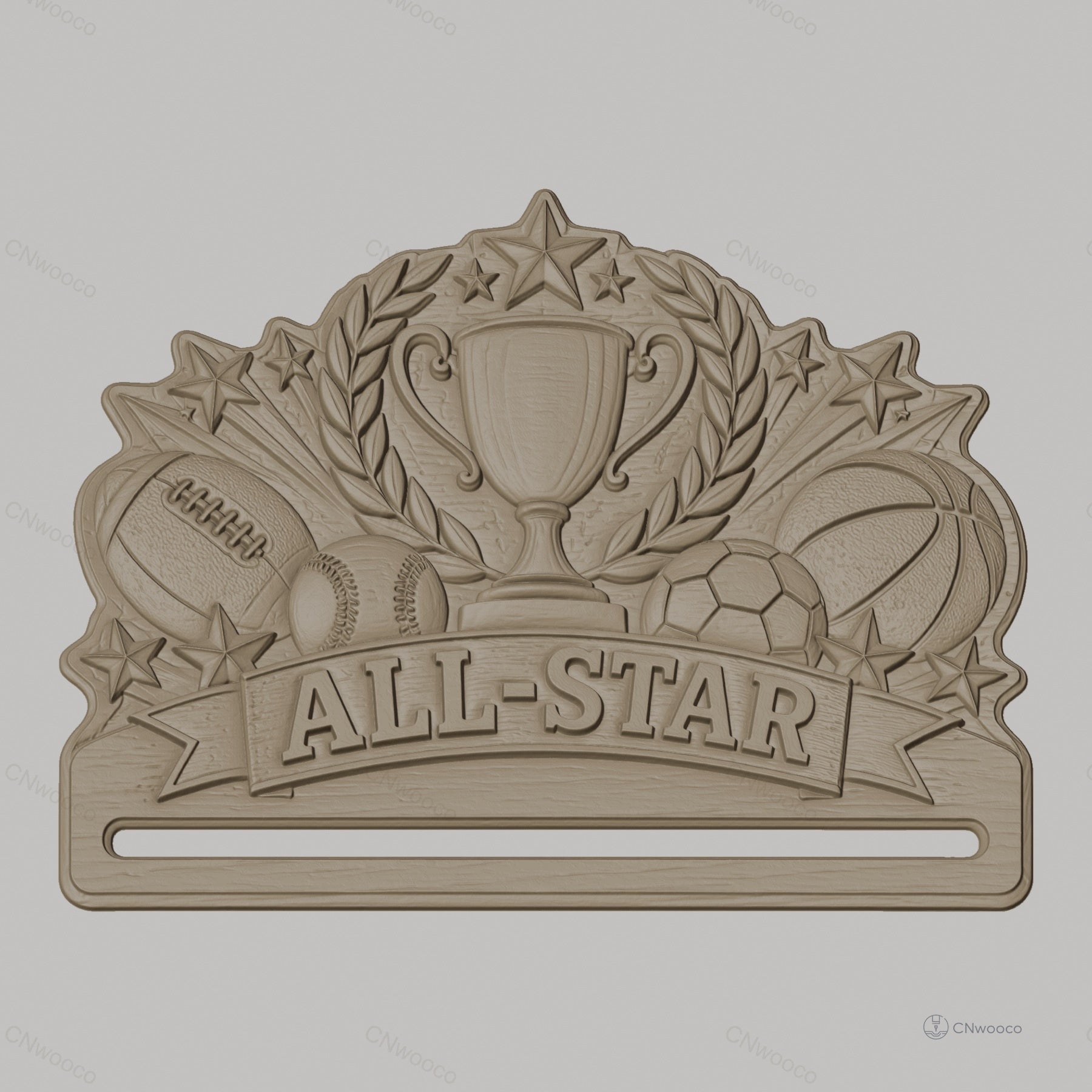 Fichier CNC & impression 3D support médaille sport avec trophée et ballons, STL très haute qualité