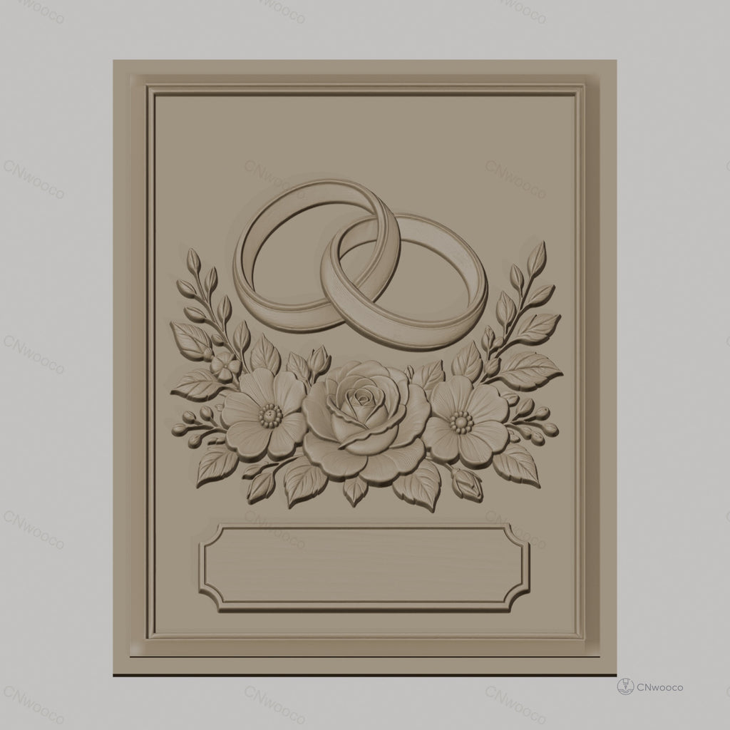 Fichier CNC & impression 3D thème mariage, bagues entrelacées et bouquet floral, haute qualité relief STL
