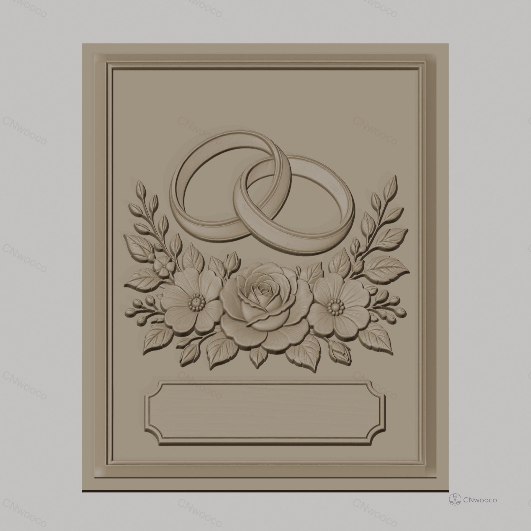 Fichier CNC & impression 3D thème mariage, bagues entrelacées et bouquet floral, haute qualité relief STL