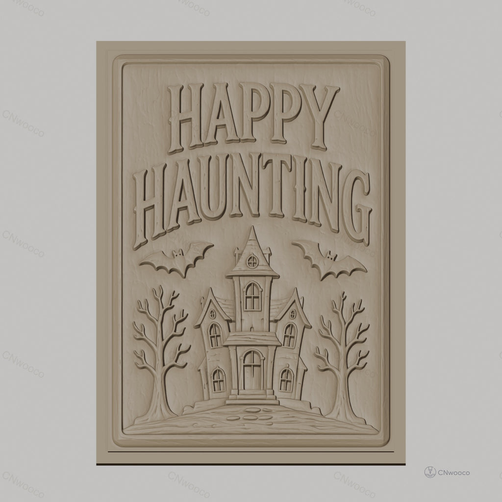 Fichier CNC & impression 3D Halloween maison hantée, chauves-souris, arbres, texte Happy Haunting, haute qualité relief STL
