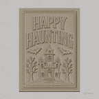 Fichier CNC & impression 3D Halloween maison hantée, chauves-souris, arbres, texte Happy Haunting, haute qualité relief STL