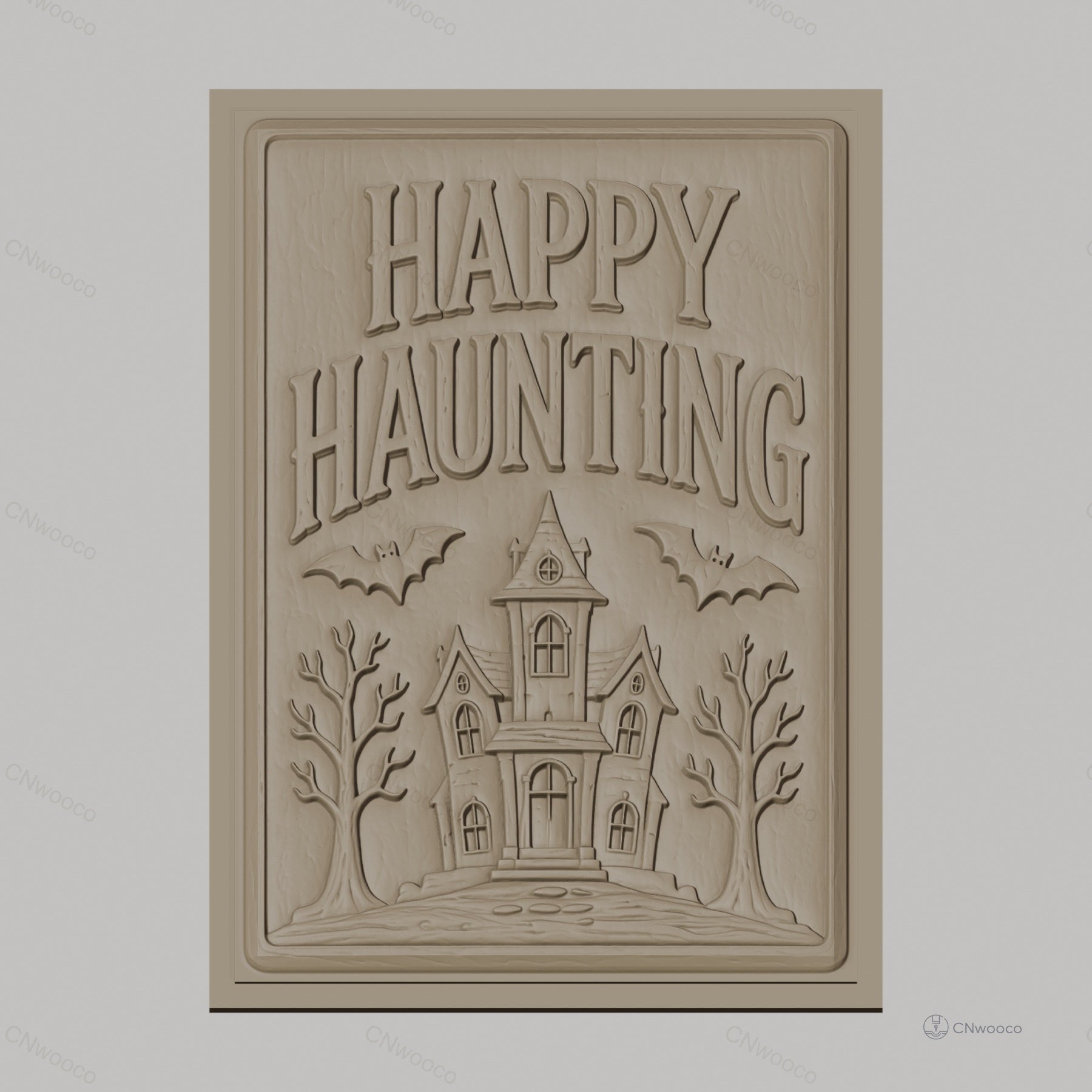 Fichier CNC & impression 3D Halloween maison hantée, chauves-souris, arbres, texte Happy Haunting, haute qualité relief STL