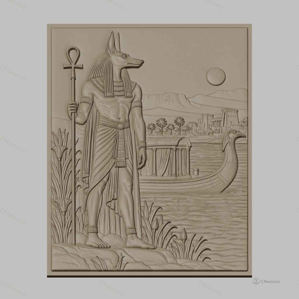 Fichier CNC & impression 3D Dieu égyptien Anubis avec bateau, paysage du Nil, haute qualité relief STL