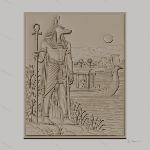 Fichier CNC & impression 3D Dieu égyptien Anubis avec bateau, paysage du Nil, haute qualité relief STL