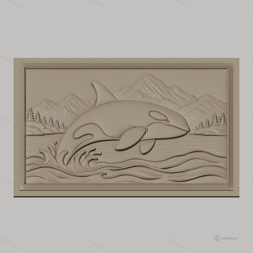 Fichier CNC & impression 3D orque sautant, vague, montagne et forêt, haute qualité relief STL