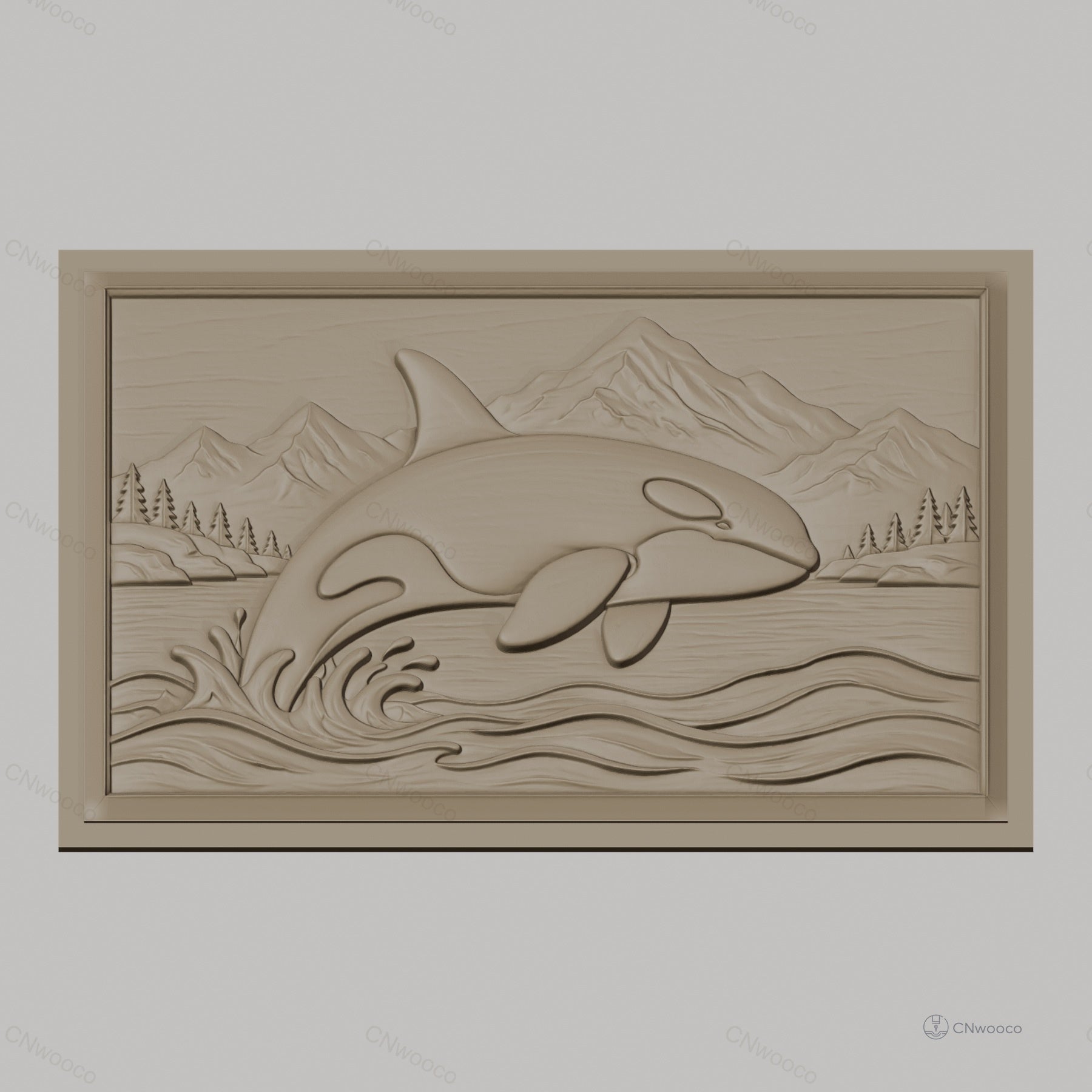Fichier CNC & impression 3D orque sautant, vague, montagne et forêt, haute qualité relief STL