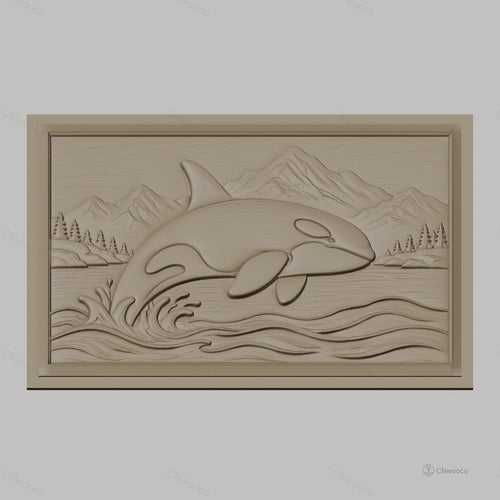 Fichier CNC & impression 3D orque sautant, vague, montagne et forêt, haute qualité relief STL
