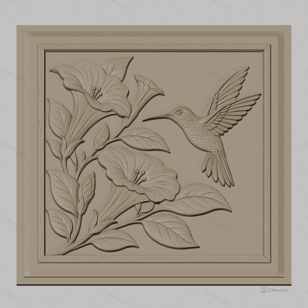 Fichier CNC & impression 3D colibri et fleurs, relief nature et botanique, haute qualité relief STL