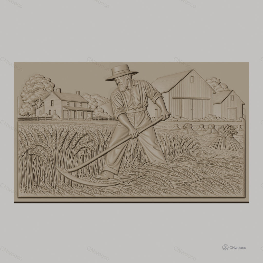 Fichier CNC & impression 3D moisson, fermier avec faux, grange et maison, haute qualité relief STL