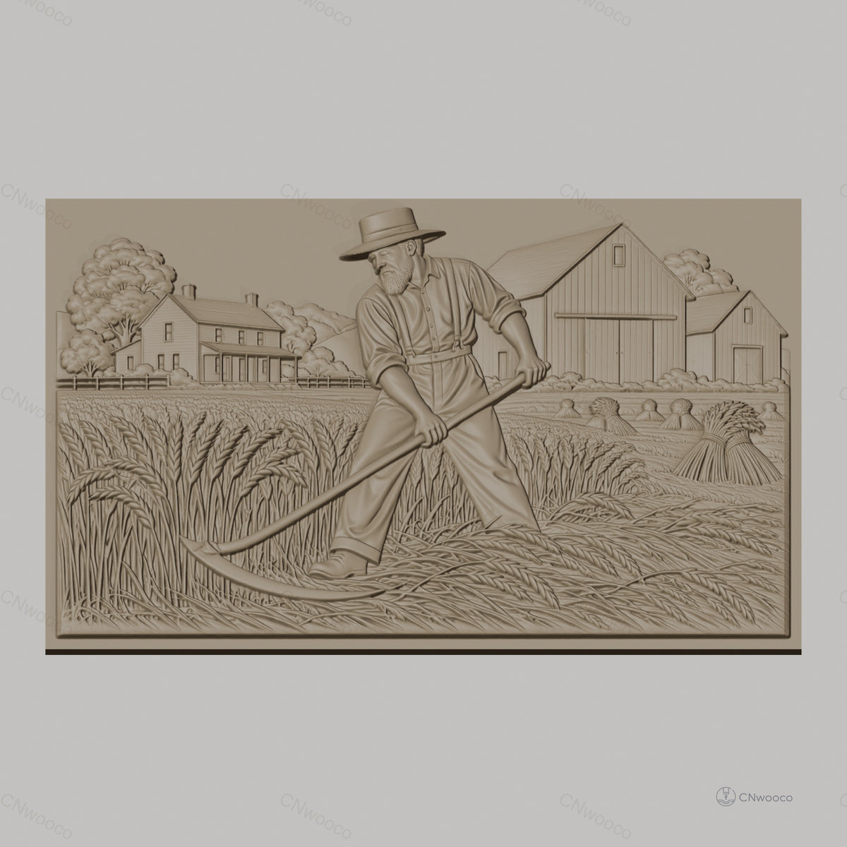 Fichier CNC & impression 3D moisson, fermier avec faux, grange et maison, haute qualité relief STL