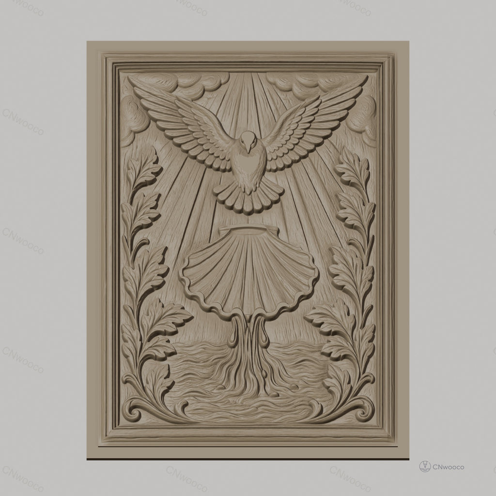 Fichier CNC & impression 3D colombe sacrée, baptême coquille et feuilles, haute qualité relief STL