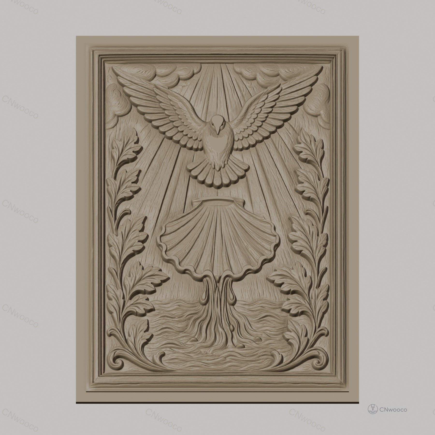 Fichier CNC & impression 3D colombe sacrée, baptême coquille et feuilles, haute qualité relief STL