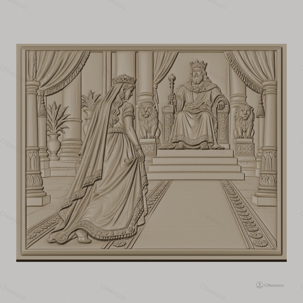 Fichier CNC & impression 3D scène royale, roi et reine sur trône avec lions, haute qualité relief STL