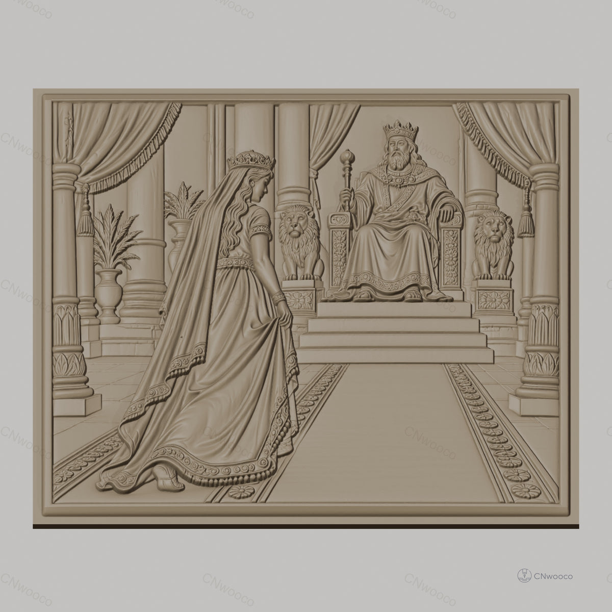 Fichier CNC & impression 3D scène royale, roi et reine sur trône avec lions, haute qualité relief STL