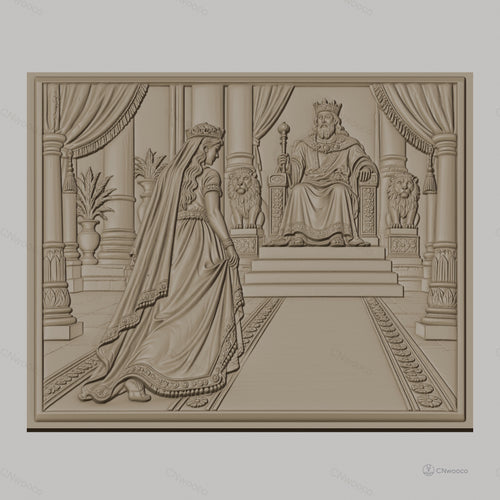 Fichier CNC & impression 3D scène royale, roi et reine sur trône avec lions, haute qualité relief STL
