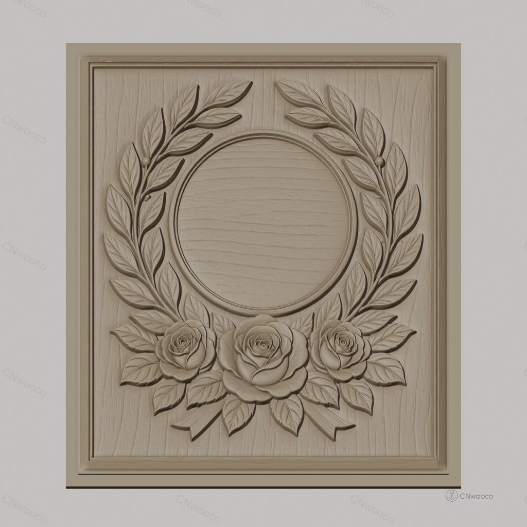 Fichier CNC & impression 3D couronne de laurier et roses, cadre circulaire décoratif, haute qualité relief STL