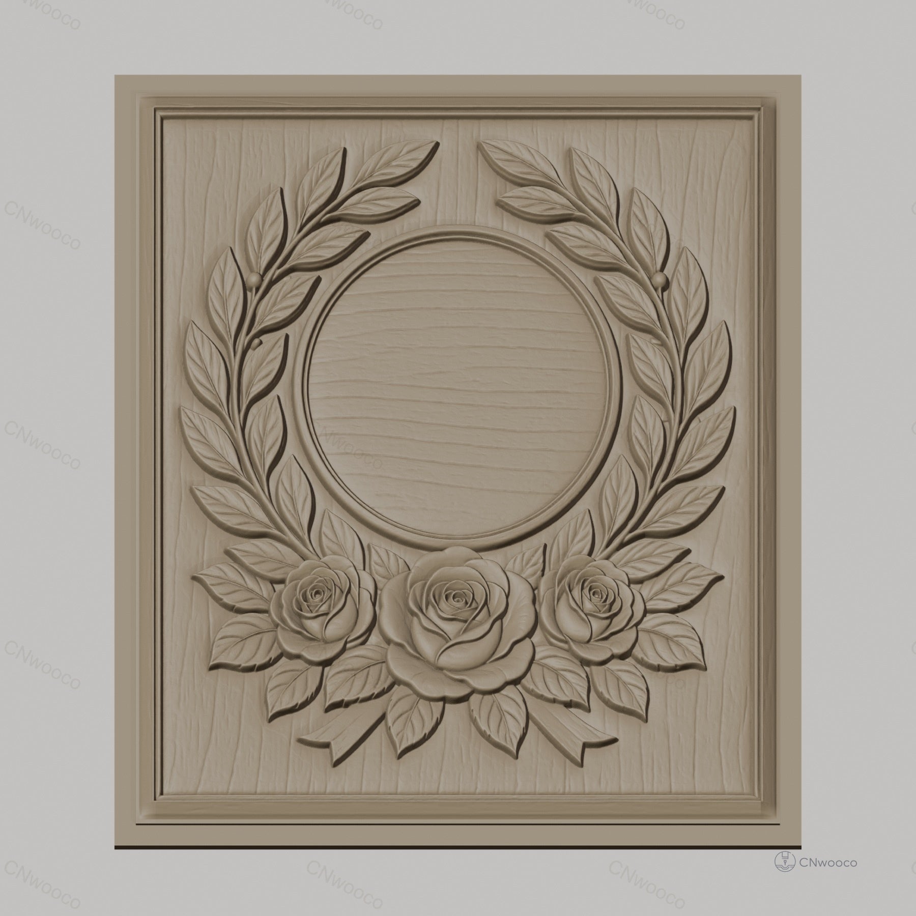 Fichier CNC & impression 3D couronne de laurier et roses, cadre circulaire décoratif, haute qualité relief STL
