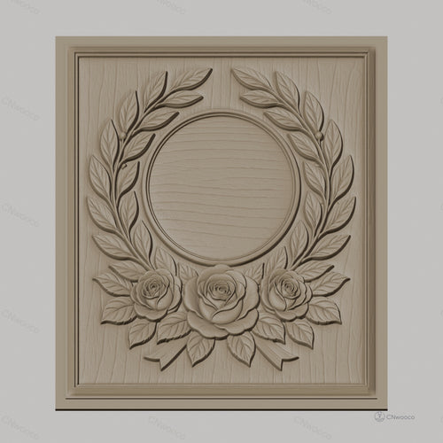 Fichier CNC & impression 3D couronne de laurier et roses, cadre circulaire décoratif, haute qualité relief STL