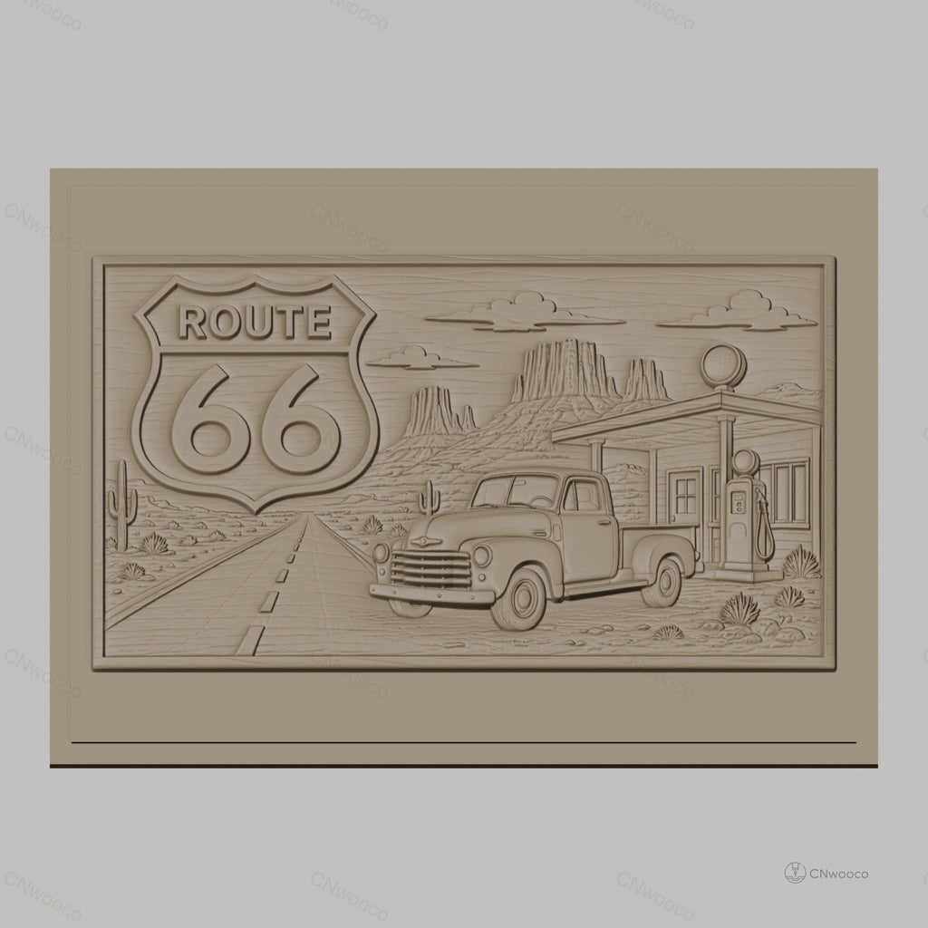 Fichier CNC & impression 3D Route 66, pick-up ancien et station-service, haute qualité relief STL