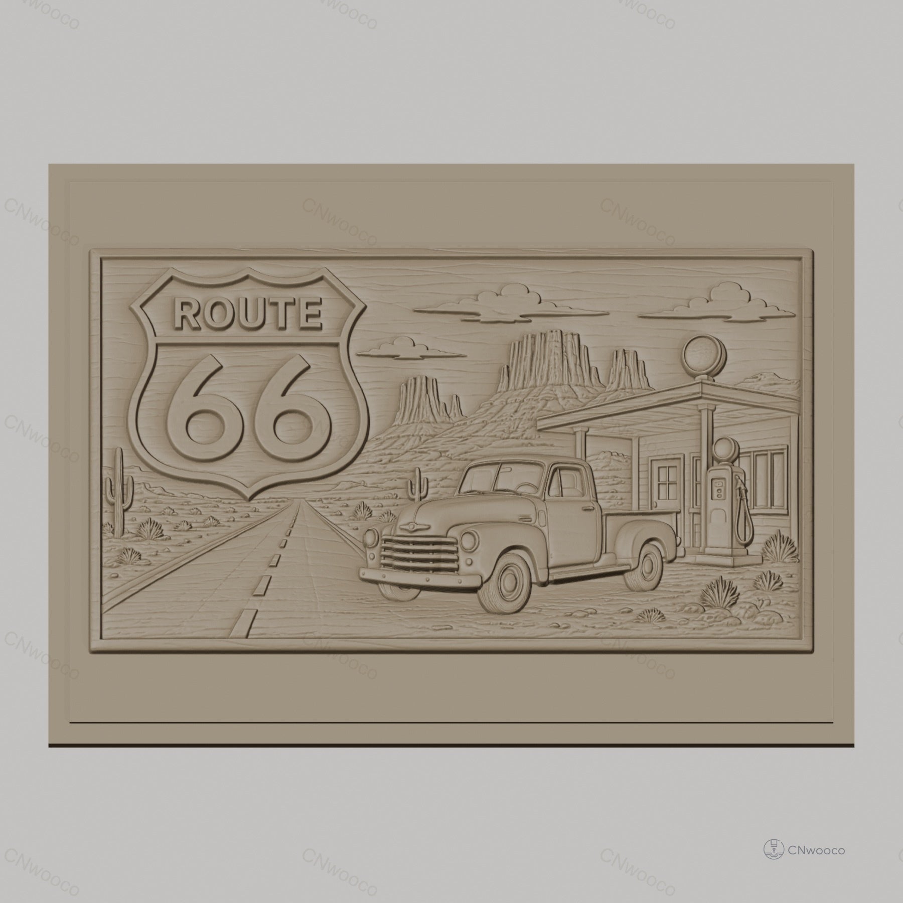 Fichier CNC & impression 3D Route 66, pick-up ancien et station-service, haute qualité relief STL