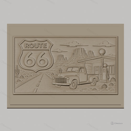 Fichier CNC & impression 3D Route 66, pick-up ancien et station-service, haute qualité relief STL