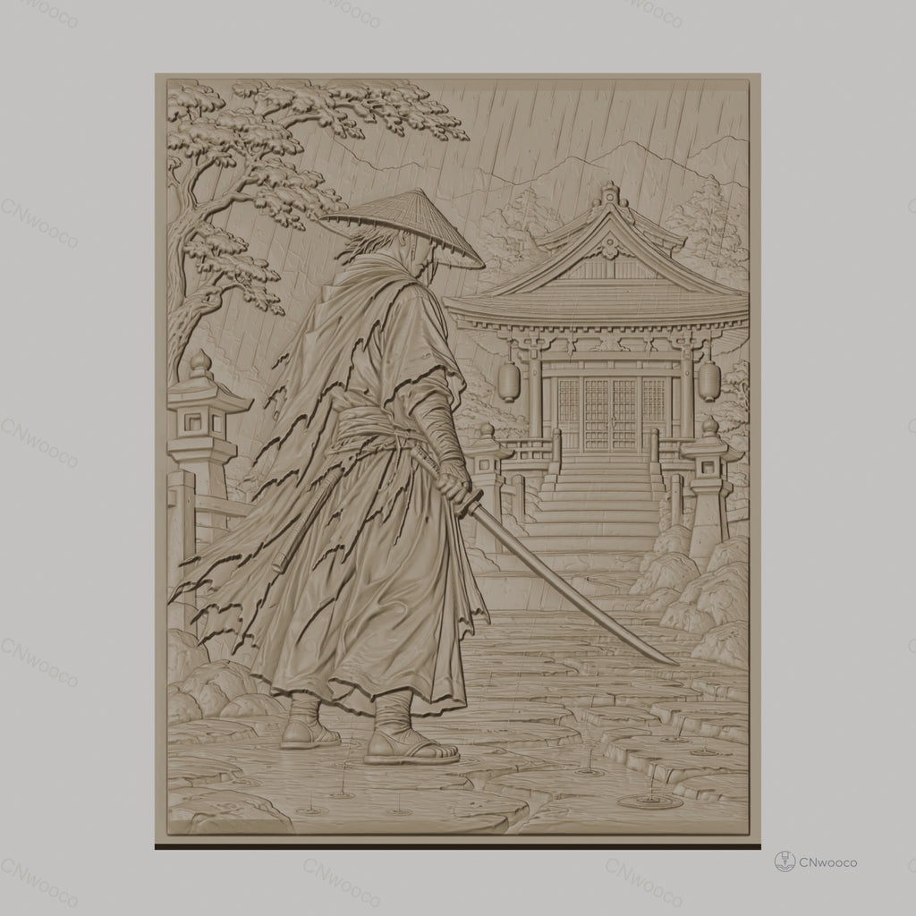 Fichier CNC & impression 3D samouraï sous la pluie, temple japonais et sabre, haute qualité relief STL